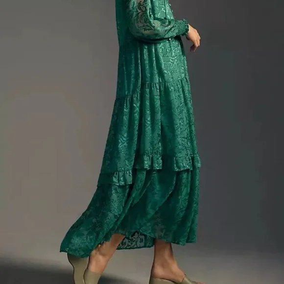 Anthropologie Marais Satin Maxi Dress Burnout Tiered Dark Green Size S/p